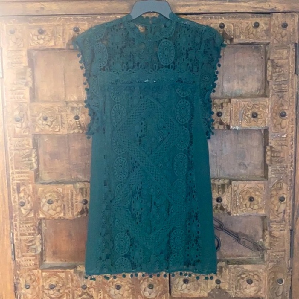 NWOT Tularosa Elba Pom Pom Crochet Dress, Forest Green, M